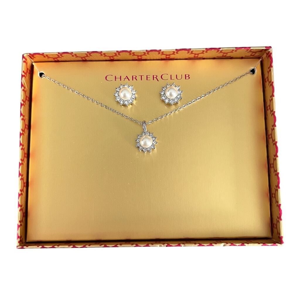 Charter Club pearl and rhinestone necklace and earring gift set NWT